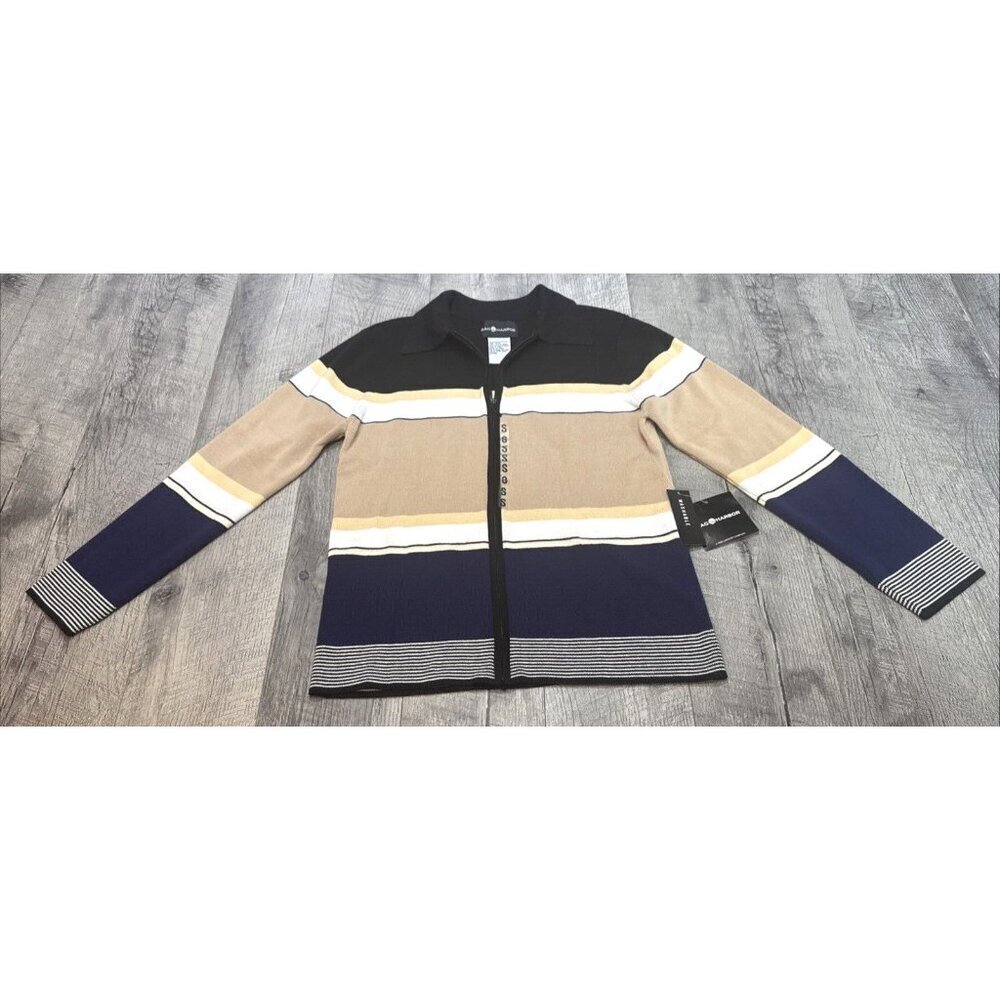 Sag Harbor Cardigan Sweater Womens Small Full Zip Cotton Knit Striped 90s NEW